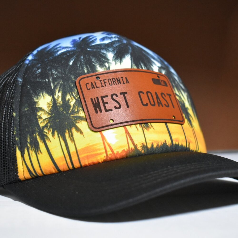 Vintage California Sunset Trucker Hat with Custom Leather 1956 License Plate Pat
